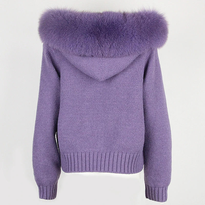 Description Picture 5 of itemOFTBUY 2023 New Fashion Autumn Winter Casual Hooded Real Fox Fur Collar Short Knitted Jacket with Natural Warm Coat for Women