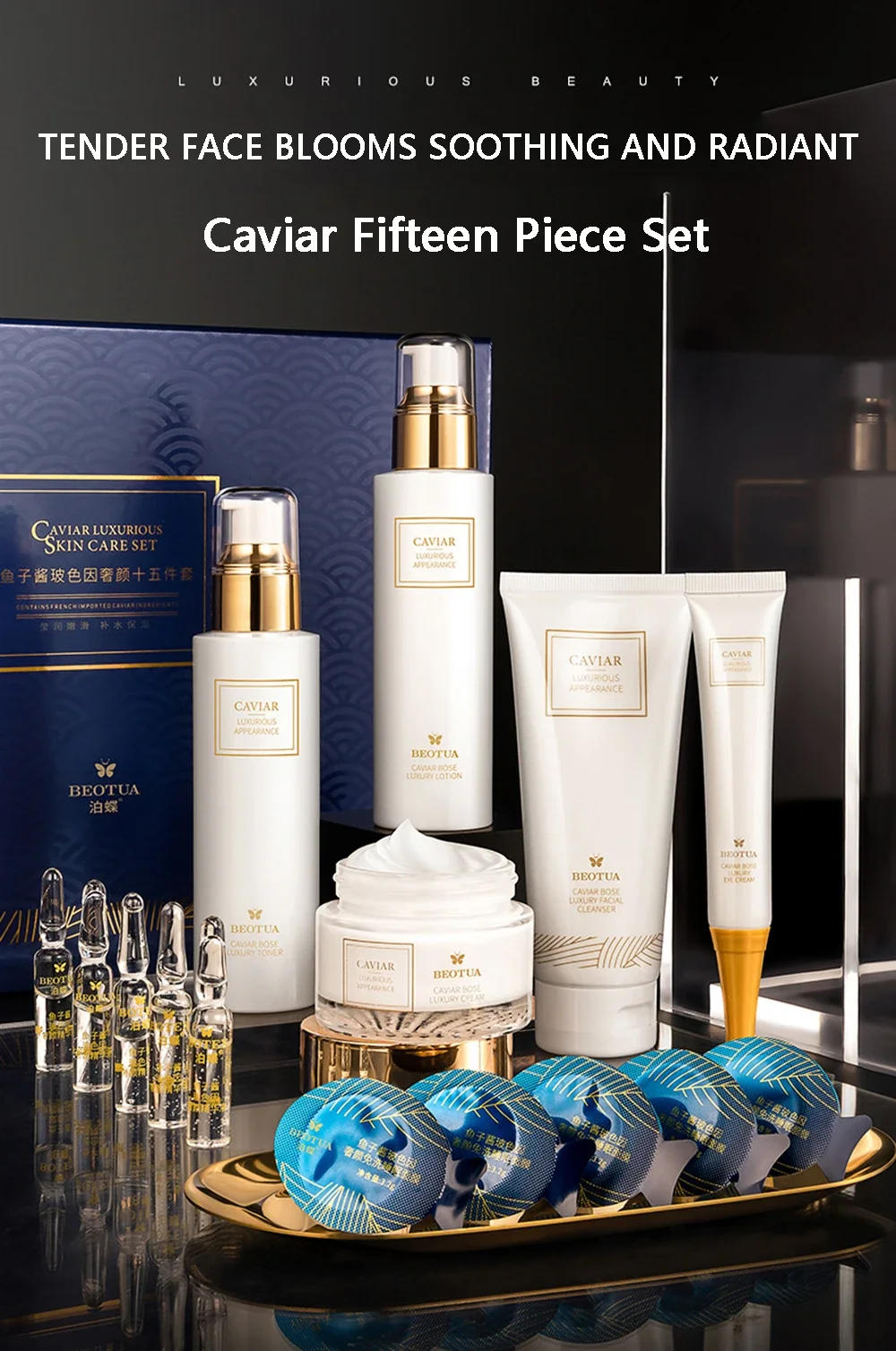 Description Picture 2 of itemFacial Skin Care Set With Box Caviar Essence Face Serum 15pc Set Moisturizing Skincare Kit Beauty Health Korean Facial Skin Care
