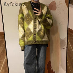 Autumn Winter Pineapple Green Diamond Plaid Sweater Cardigan Japanese Retro Loose Casual High Street Sweaters Male Clothes