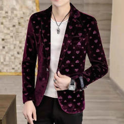 Fashion Heart Print Purple Velvet Blazer Men 2024 Slim Fit One Button Suit Jacket Male Casual Wedding Party