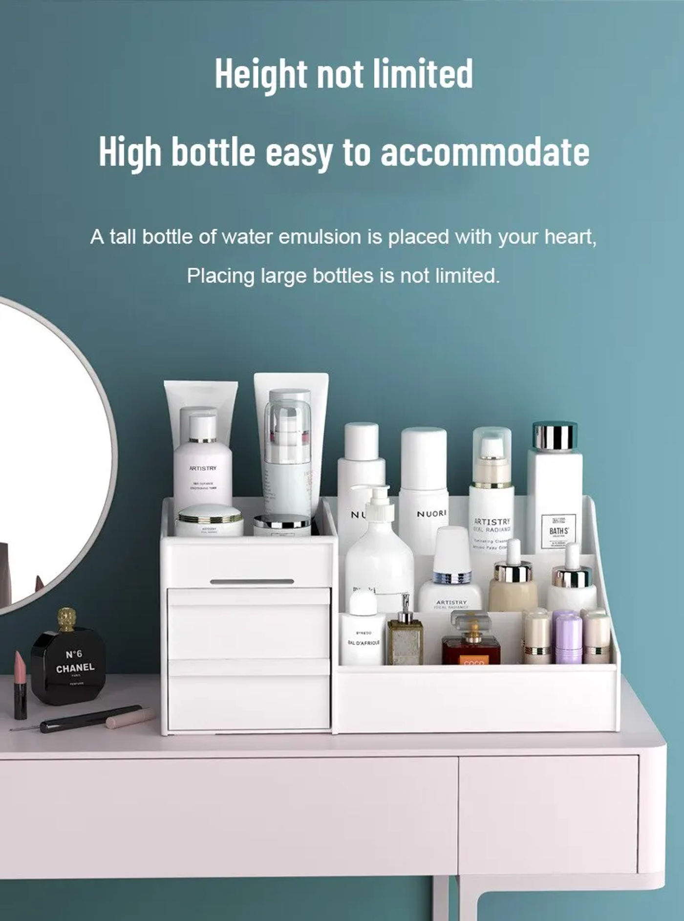 Description Picture 6 of item1pc White New Drawer Makeup Storage Box Dormitory Finishing Plastic Shelf Cosmetics Skin Care Dressing Table Desktop