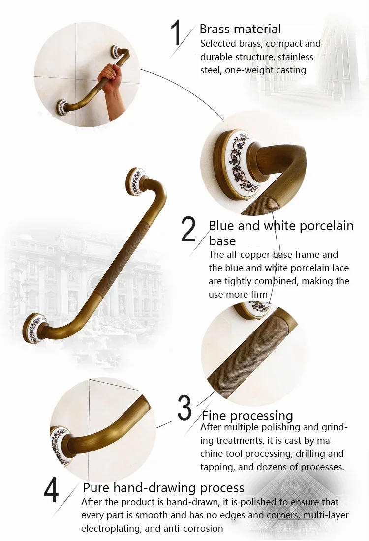 Description Picture 3 of itemAntique Grab Bars Bathroom Wall-mount Safety Assist Handle Towel Rack Bathtub Handrail Brass Anti-slip Elderly Armrest Hardware