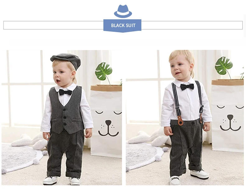 Description Picture 4 of itemBaby Suits Newborn Boy Clothes Romper + Vest + Hat Formal Clothing Outfit Party Bow Tie Children Birthday Dress New Born 0- 3Y