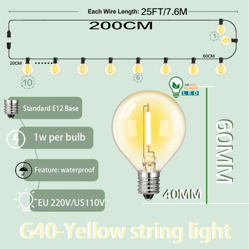 Description Picture 5 of itemPatio String Lights Colorful G40 RGB Festoon Light Chain Outdoor EU US E12 Retro Street Garland For  Garden Backyard Decoration