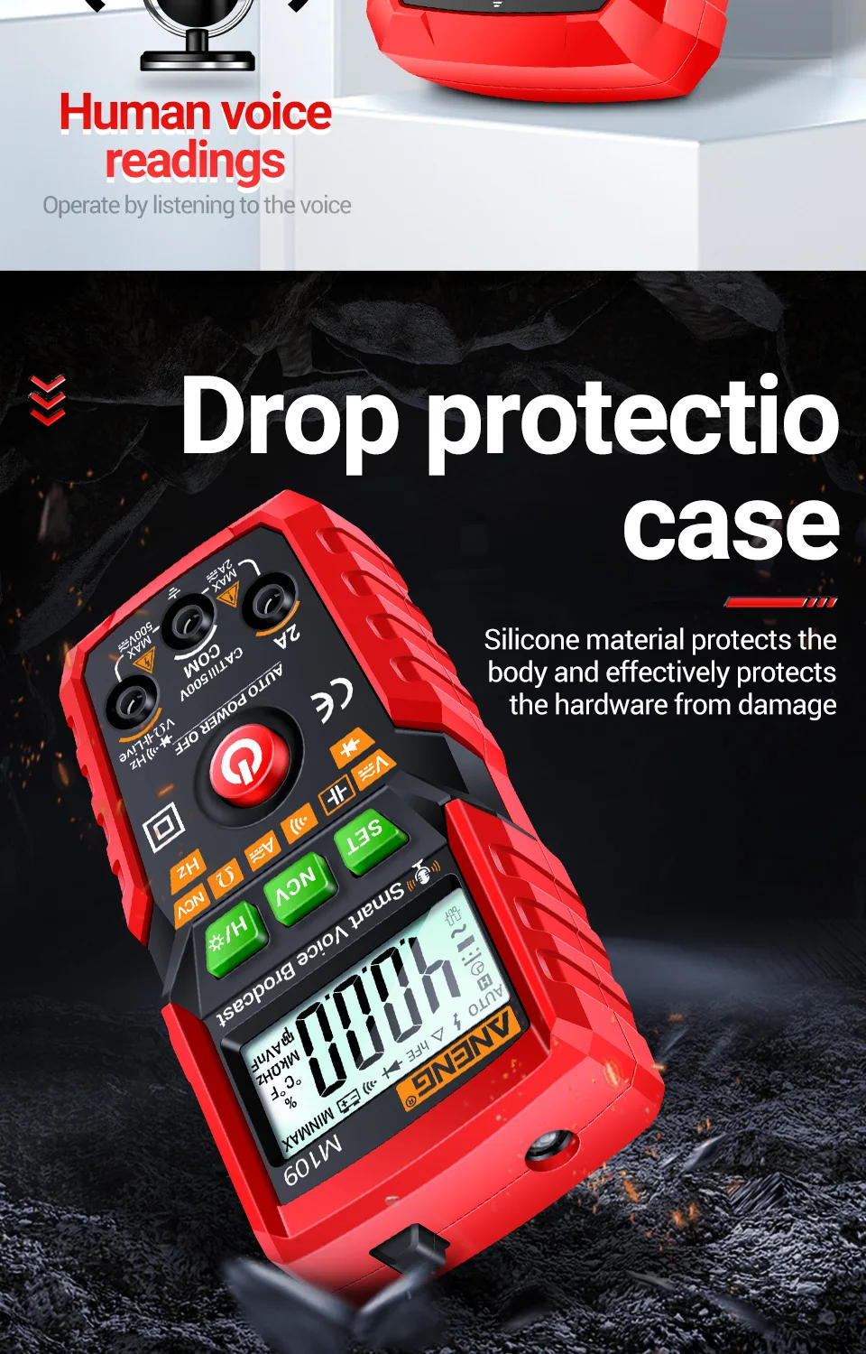 Description Picture 6 of itemANENG M109 Digital Multimeter 4000 count AC/DC Voice Broadcast Electrical Instruments Tester Auto Multimetro Profesional Meter