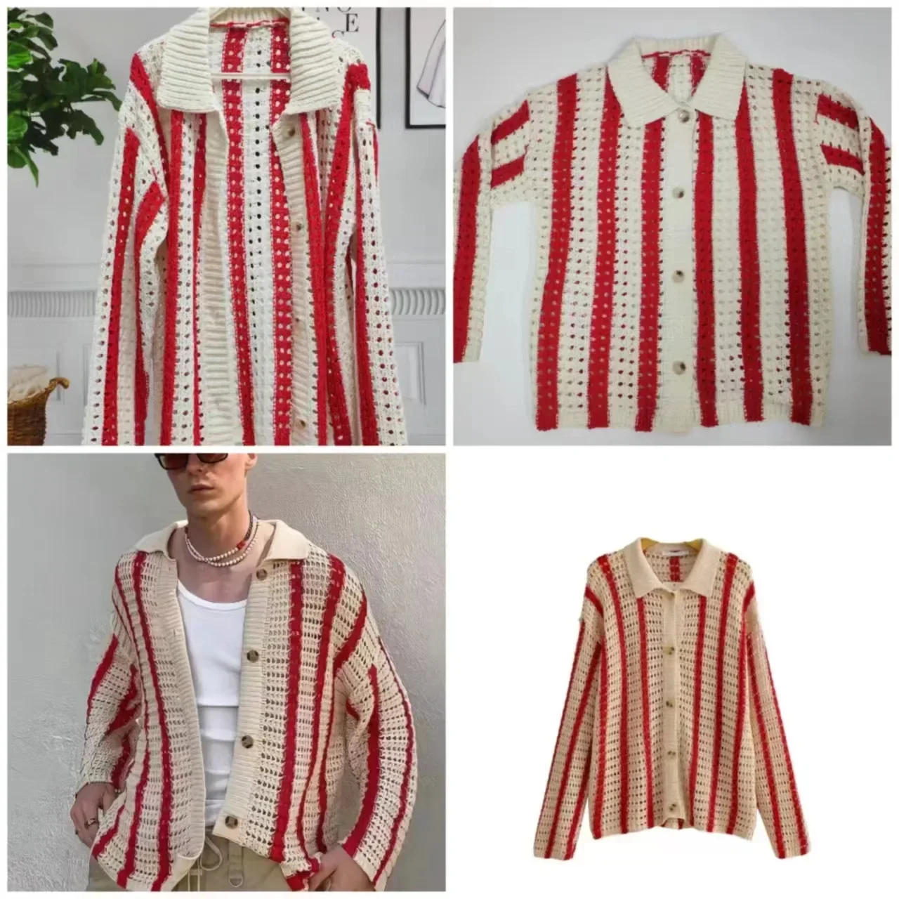 Description Picture 3 of item2024 Men's Knitted Cardigan Sweater Coat Versatile Spring Autumn Splice Contrast Streetwear Male Outerwear Coats and Jacket Tops