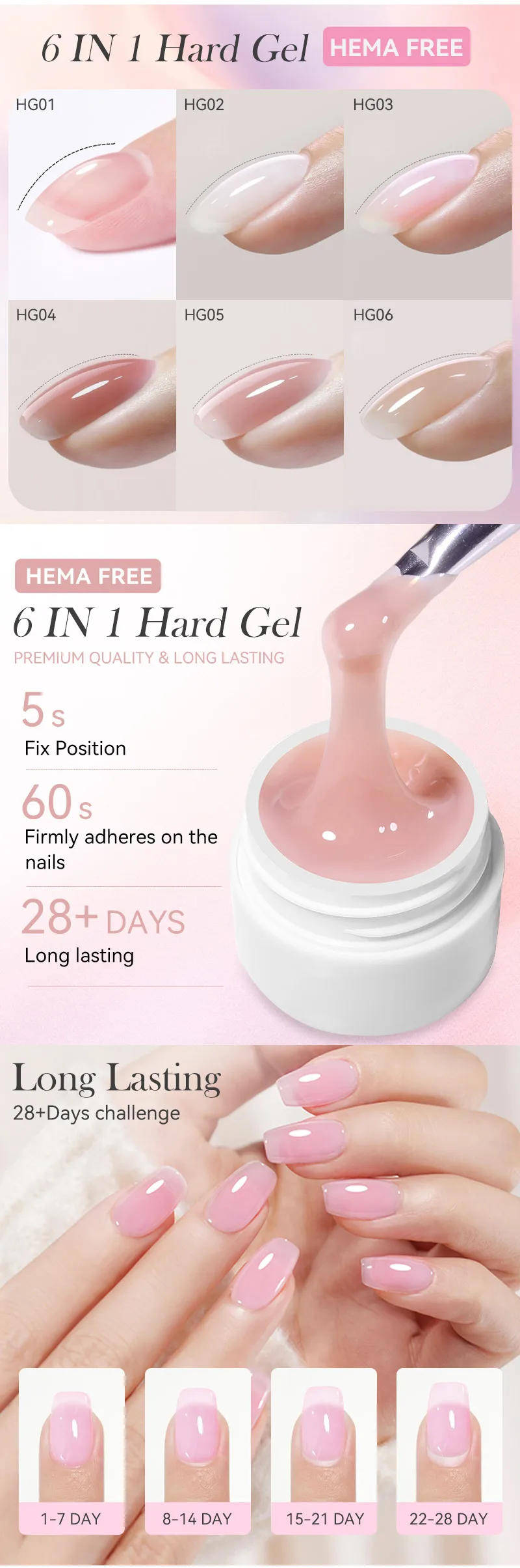 Description Picture 4 of itemLILYCUTE 6 IN 1 Extension Gel Nail Polish Acrylic Construct Hard Gel Soak Off Self Leveling Reinforcement Gel For Nail HEMA FREE
