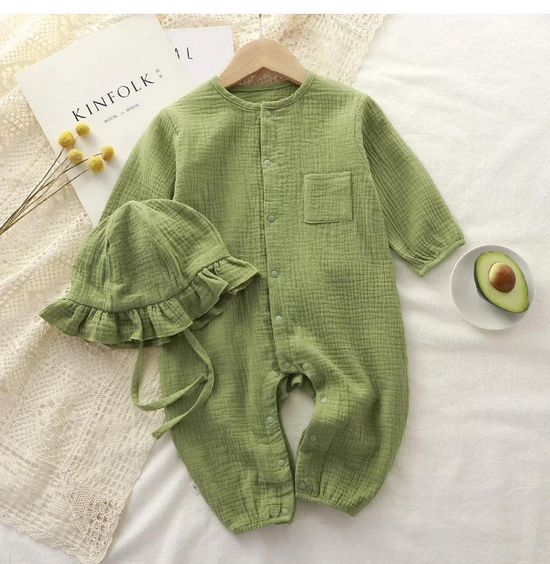 Description Picture 6 of item2Pcs Baby Romper Hat Muslin Toddler Outfit Set Long Sleeve Spring Summer Baby Girls Boys Clothes Newborn Jumpsuits Infant Onesi
