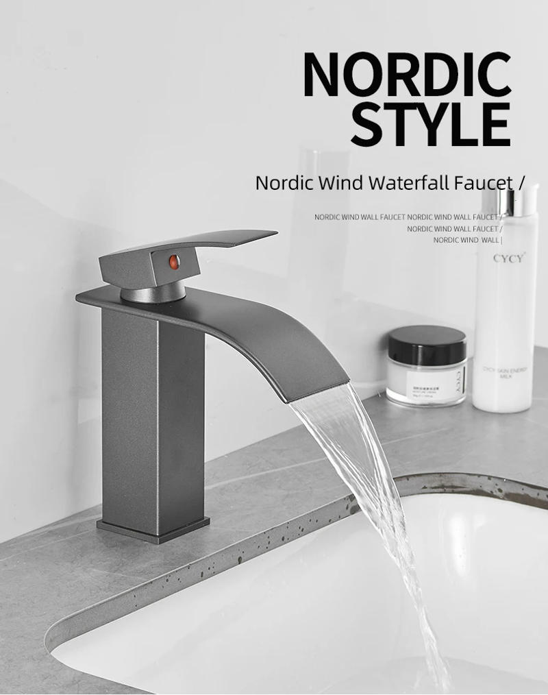 Description Picture 2 of itemBathroom Faucet Basin Hot And Cold Water Mixer Vanity Tap Gun Grey Finish Deck Mount Sink Mixer Waterfall Washbasin Tap