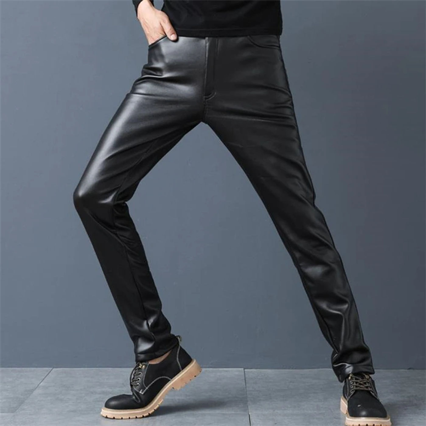 Description Picture 3 of itemMan Hot Sale Leather Pants Velvet Slim Pu Trousers Warm High Elastic Motorcycle Pant Male Thick Skinny PU pantalons Capris