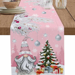 Christmas Pink Silver Pine Leaves Snowflake Linen Table Runner Wedding Decor Washable Kitchen Dining Table Runners Navidad Decor