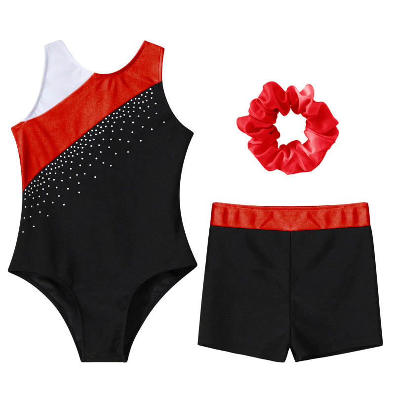 Description Picture 4 of itemChildren Figure Skating Bodysuit Kids Girls Dance Set Sleeveless Rhinestones Gymnastics Leotard with Shorts Dancewear Sets