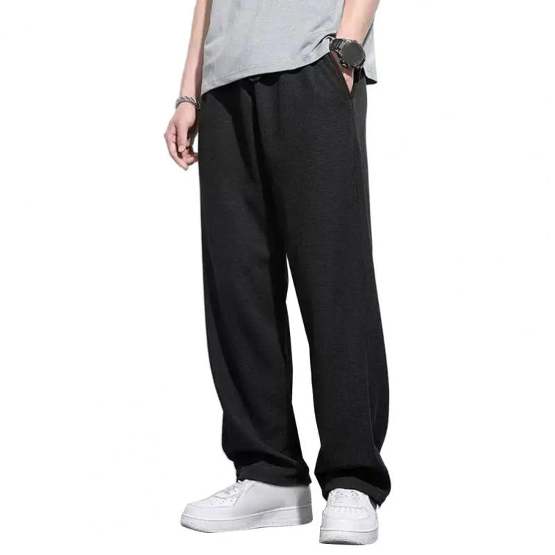 Description Picture 6 of itemSolid Color Pants Elastic Waistband Trousers Men's Casual Drawstring Sweatpants with Elastic Waist Pockets Loose for Daily