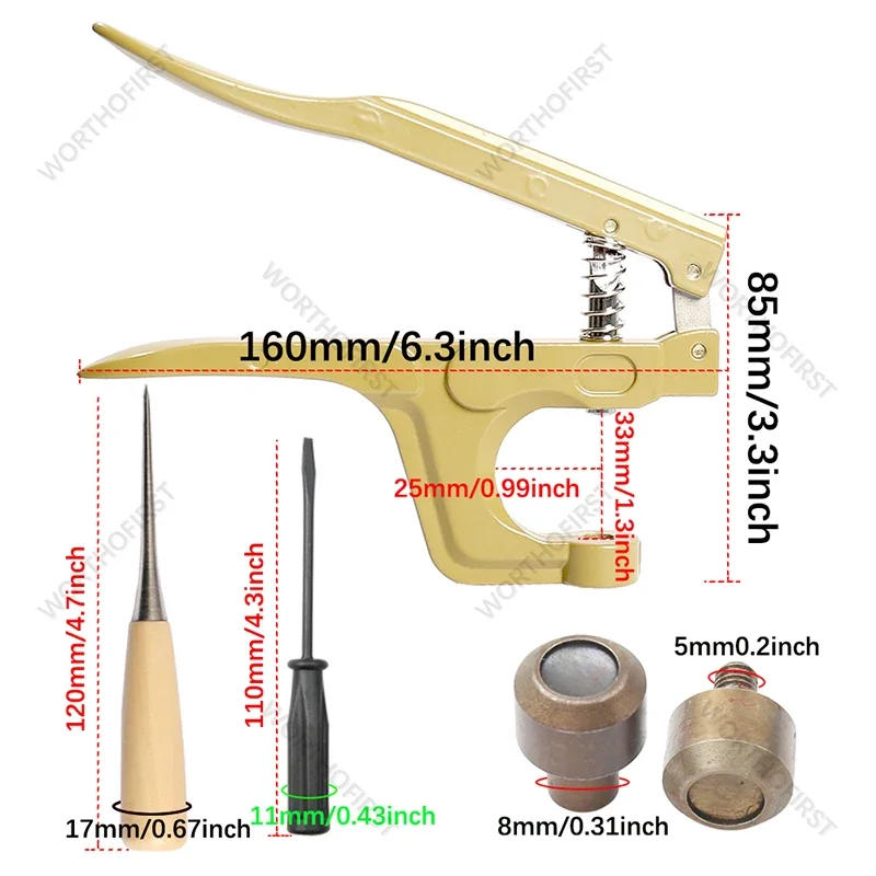 Description Picture 3 of itemLeather Working Hand Press Tools for Snap Buttons Cap Rivets Eyelets DIY Leathercraft Clothing Bags Jeans Sewing Accessories