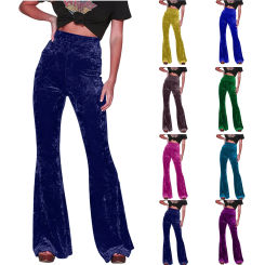 Women Golden Velvet Flare Pants Vintage High Waist Pants Solid Color Pocket Straight Trousers Autumn Street Party Dance Wear