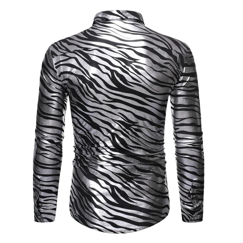 Description Picture 6 of itemNew 2024 Men's Metallic Gold Zebra Print Disco Shirt with Long Sleeve Slim Fit Men Dress Shirts Party Prom Stage Chemise Shirts