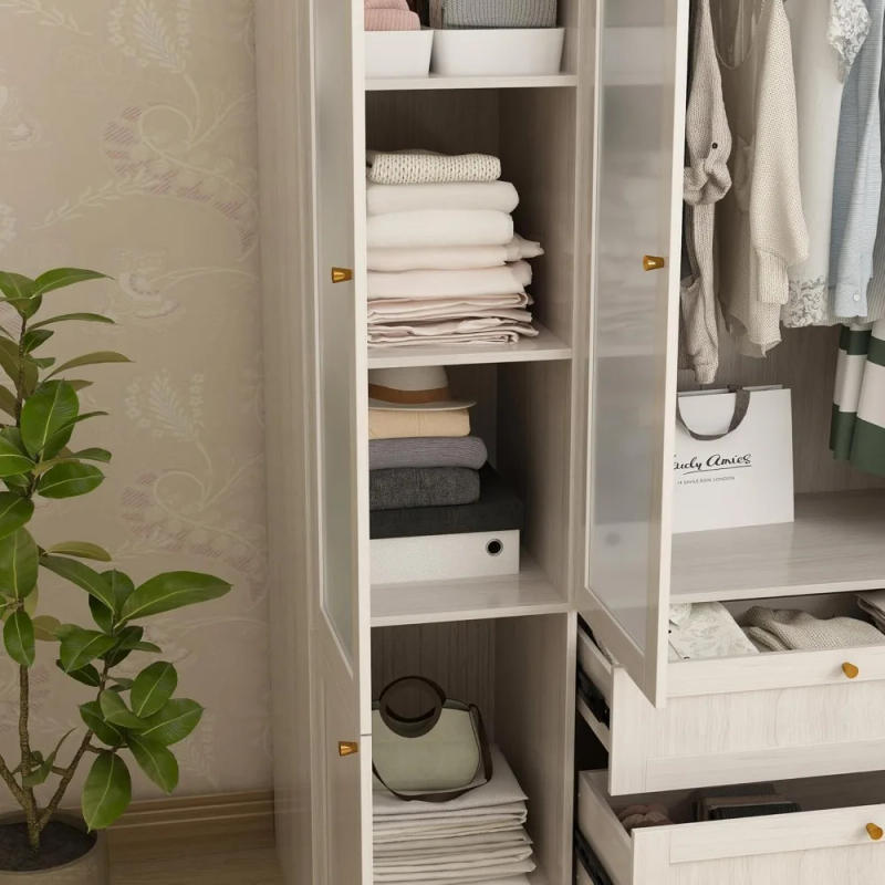 Description Picture 5 of itemLarge L-shaped wardrobe with 6 frosted glass doors,hanging poles, shelves, and drawers, 98.4-inch wooden bedroom storage cabinet