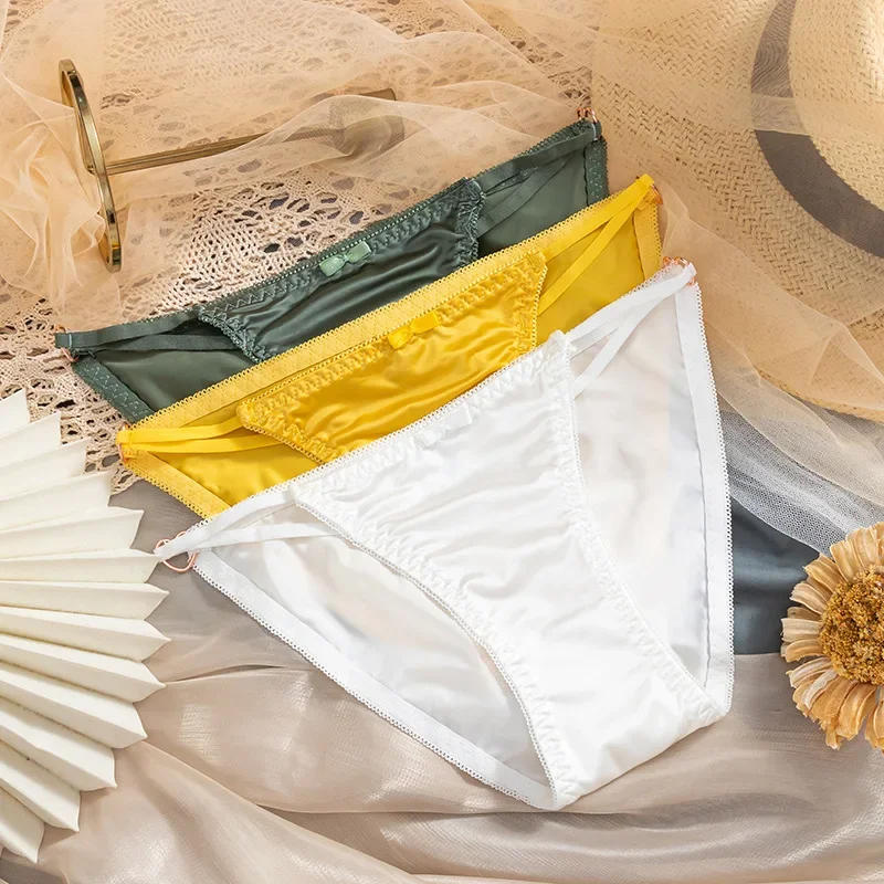 Description Picture 2 of itemNew Silk Satin Surface String Ladies Sexy Underwear Solid Color Metal Heart Hollow Out Slips Thong Panties Breathable
