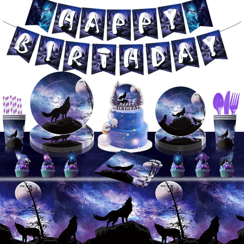 Description Picture 2 of itemCartoon Wolf Full Moon Night Theme Happy Birthday Party Decorative Disposable Tableware Balloon Baby Shower Kid Girl Gift