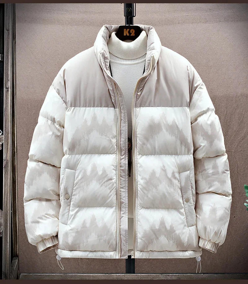 Description Picture 2 of itemPlush Jacket Men Winter Patchwork Stand-up Collar Printing Coat Cotton-Padded Unisex Thick Warm Vintage Fashion Parkas