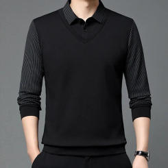 Social Business Casual Tops for Men Autumn Winter Fake Two Pieces Men Casual Stripe T Shirts Long-sleeved Pullover Man Tops Tees
