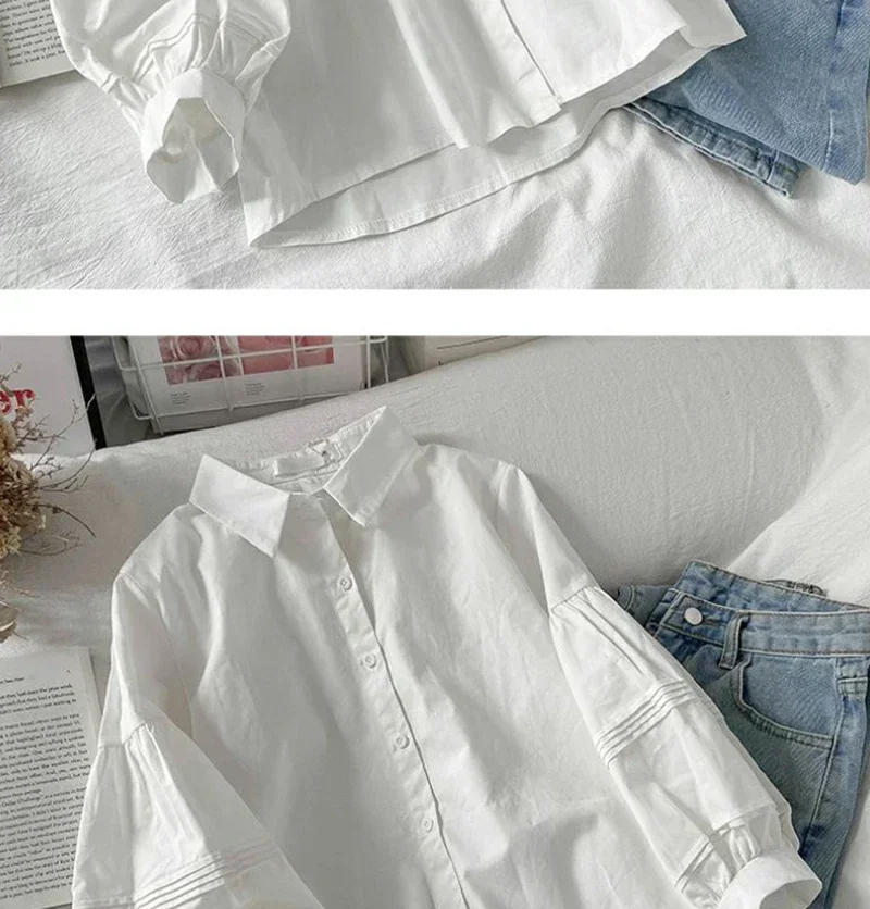 Description Picture 6 of item2024 Puff Sleeve Shirts Women White Turn Down Collar Preppy Sense of Design Chic Female Tops Korean Fashion Simple Summer Blouse
