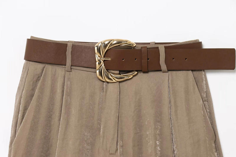 Description Picture 6 of itemTRAFZA Spring Elegant Woman Solid Side Pocket Zipper Casual Wide Leg Long Pants Women Chic Belt Wrinkles Decorate Loose Trousers