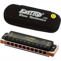 008K Diatonic Harmonica 10 Holes 20 Tones Blues Harp Mouth Organ Harmonica with Black Cover, Standard Harmonica with Canvas Bag