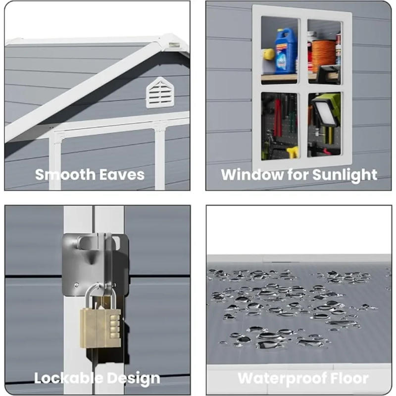 Description Picture 3 of item6 x 8 FT Outdoor Storage Shed, Resin Storage Shed with Floor & Lockable & Window Door for Patio Furniture, Bicycle, Grey & White
