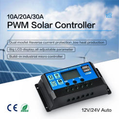 PWM Solar Controller 12V/24V Auto. 30A20A10A LCD Battery PV Cell Panel Charger Regulator Lamp 100W 200W 300W 400W 500W