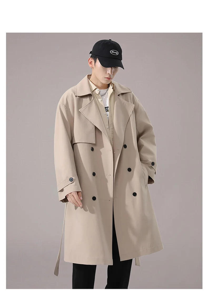 Description Picture 5 of item2023 KoreanAutumn Edition Trendy Windbreaker Men's Solid Color Double Breasted Loose Mid Length Coat Casual Coat