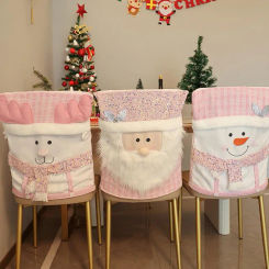 Christmas Chair Cover Soft Fabric Cute Santa Snowman Reindeer Chair Back Cover Pink Sequined Chair Slipcover For Dining Decor