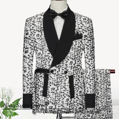 Gwenhwyfar Tailor Made Black & White Leopard Printed Men Tuxedos 2024 Unique Slant Pocket Belt Buttoned Blazer Pant Vest Costume