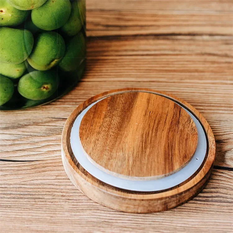 Description Picture 4 of itemHigh borosilicate glass acacia wood lid glass jar food airtight storage jar large storage container Solid wood lid pickle jar