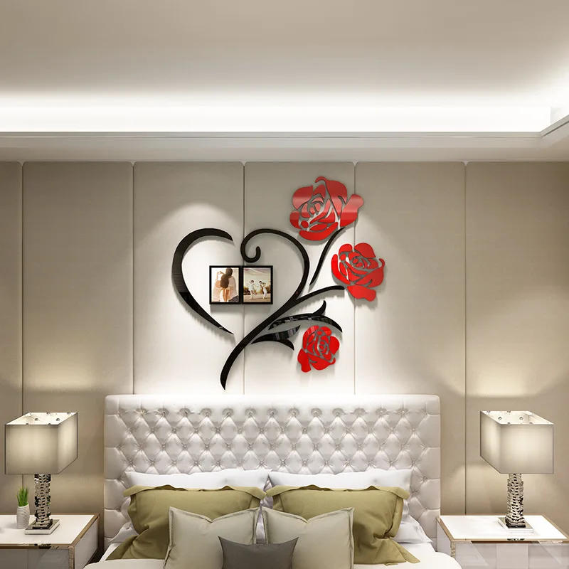 Description Picture 4 of item3D Heart Shaped Rose Acrylic Mirror Wall For Living Room Sofa TV Wall Bedroom Photo Frame Decoration Self-Adhesive DIY Art Decal