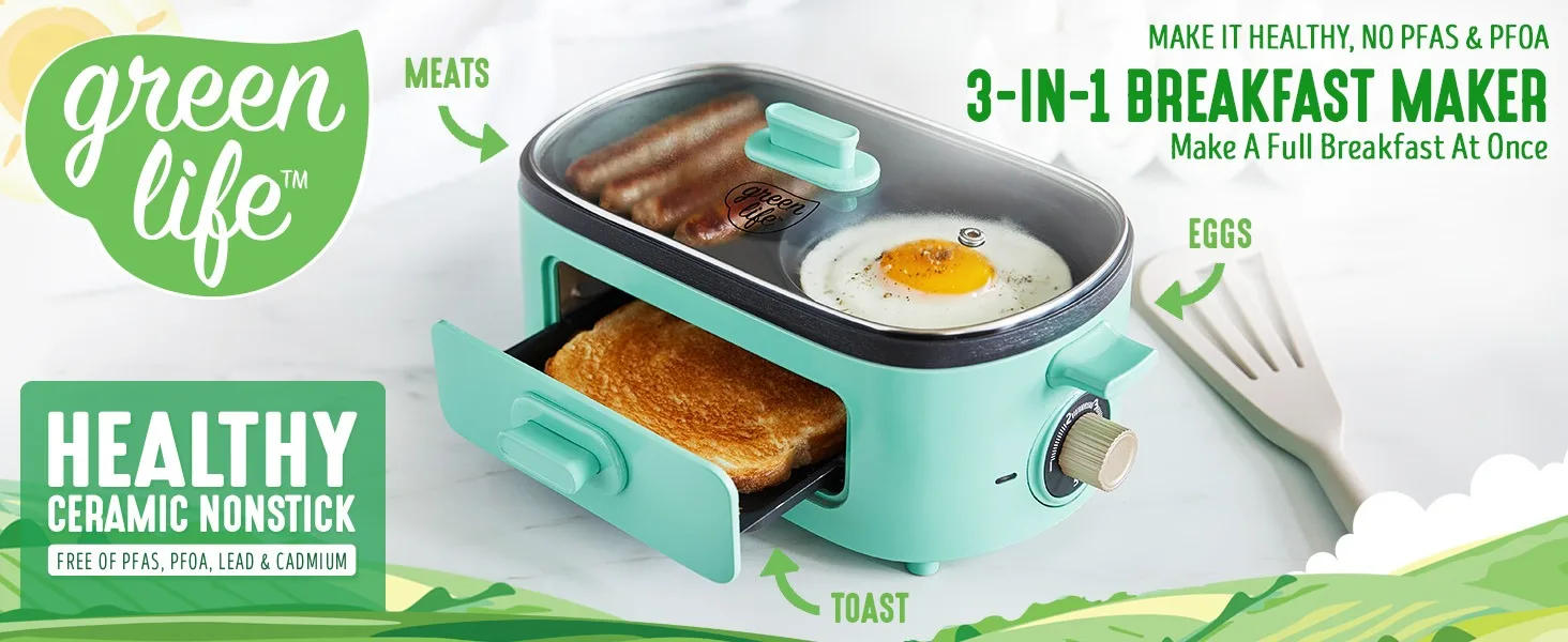 Description Picture 2 of item3-in-1 Breakfast Maker Station, Ceramic Nonstick Dual Griddles & Breakfast Sandwiches, 2 Slice Toast Drawer, Turquoise