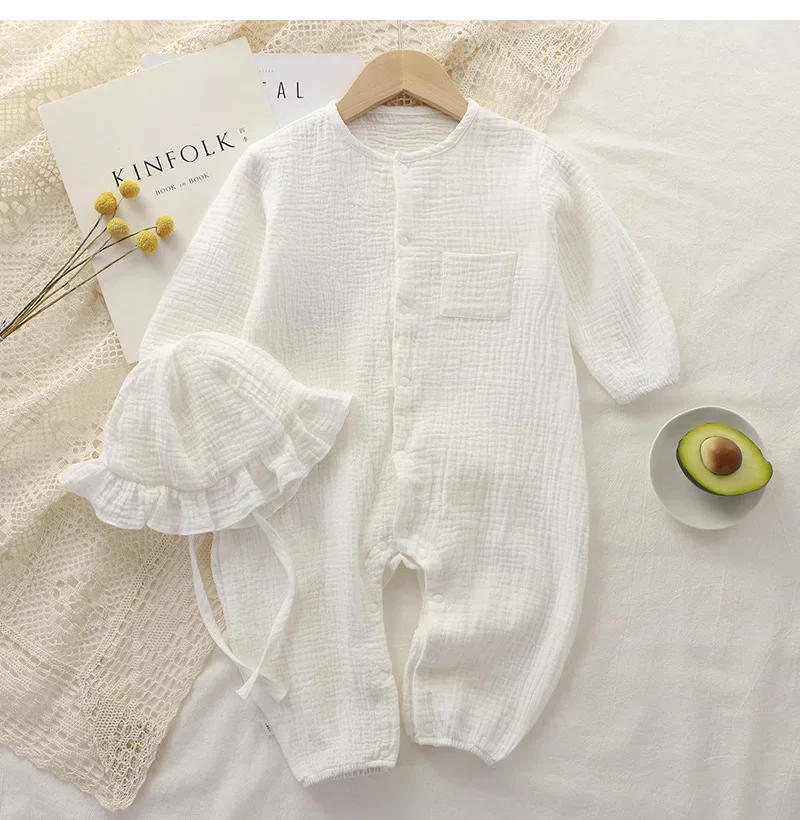 Description Picture 5 of item2Pcs Baby Romper Hat Muslin Toddler Outfit Set Long Sleeve Spring Summer Baby Girls Boys Clothes Newborn Jumpsuits Infant Onesi