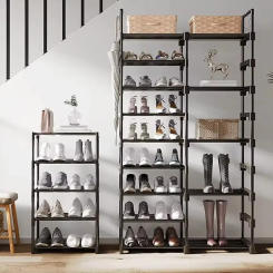 Double Row Shoe Rack DIY Simple Metal Assembly Shelf With Hooks Splicing Shoes Cabinet Boots Organizer Footwear Storage Shelves