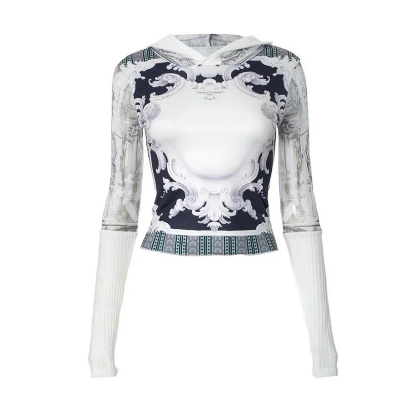 Description Picture 2 of itemLong Sleeve Graphic T Shirts For Women Slim Fit Streetwear Aesthetic Clothes Patchwork Camisetas Ropa De Mujer Hooded Crop Top