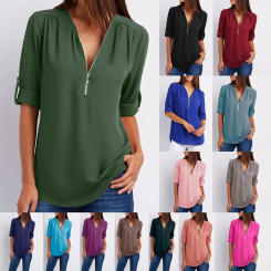 2025 Hot Sale Women Cool Loose Shirt Deep V Neck Chiffon Fashion Blouse Casual Ladies Tops Sexy Zipper Pullover Plus Size