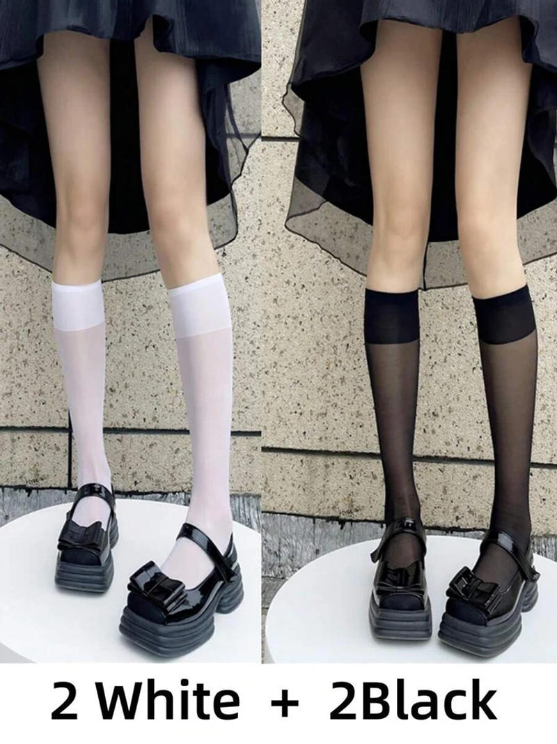Description Picture 2 of item4 Pairs Black White Semi Transparent Nylon Socks Classic Versatile Suitable Daily Wear They Comfortable Breathable Casual Socks