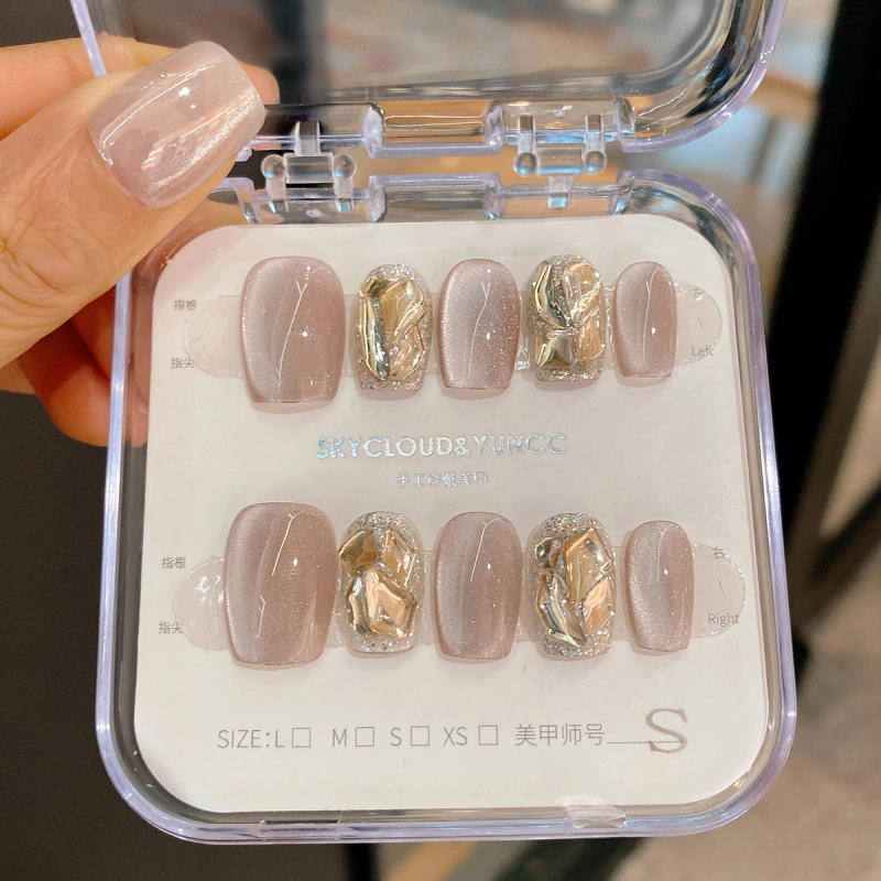 Description Picture 6 of itemSKY CLOUD 10Pcs French Milk Tea Cat Eye Colored Water Rhinestone False Nails Wear Nail Art Vitality Girl Fake Nails Nail Patch 