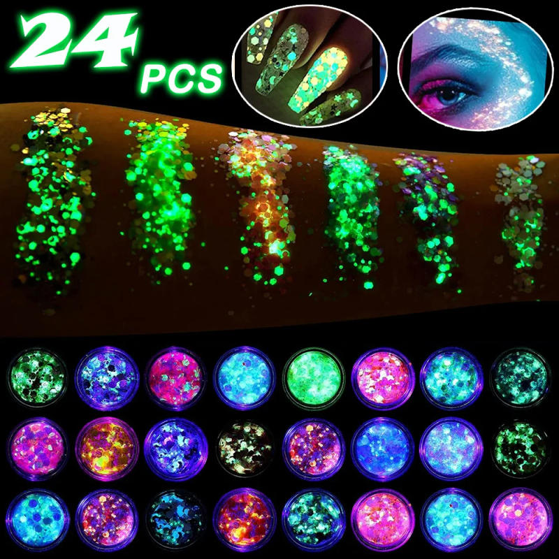 Description Picture 2 of item24pcs Face Glitter Makeup Glow in The Dark Body Glitter Gel UV Luminous Glitter for Festivals Party Halloween Bar Makeup