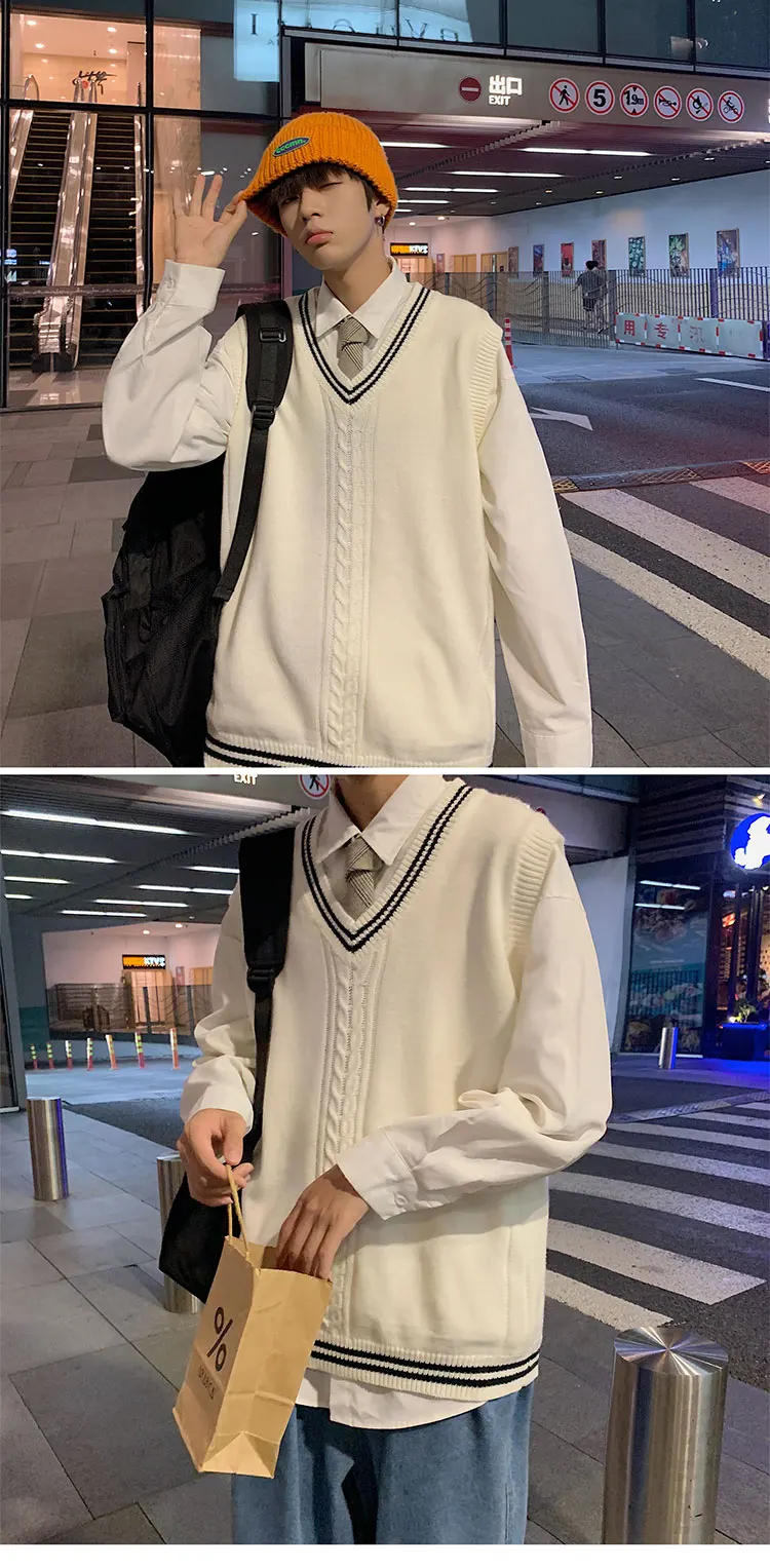 Description Picture 6 of itemMen 2022 Spring Autumn New Solid Color Sweater Vest Men's V-neck Knitted Sleeveless Tops Male Loose Pullover Waistcoat A461