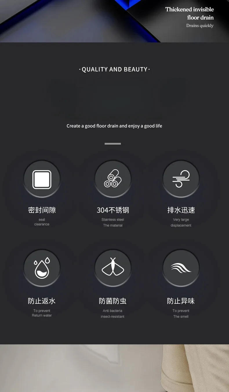 Description Picture 3 of itemInvisible floor drain with tiles in the bathroom, 304 stainless steel deodorant floor drain