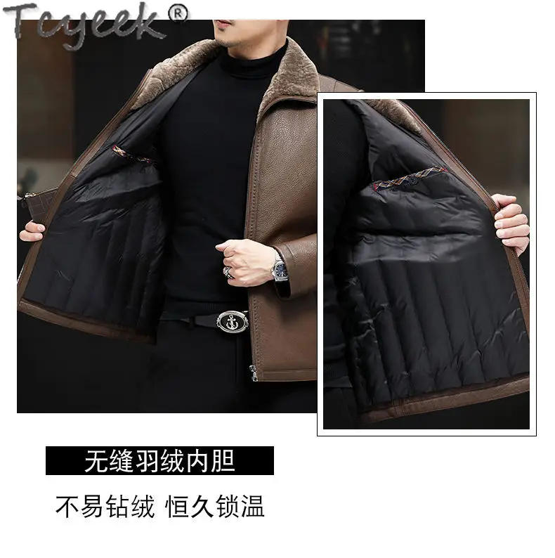 Description Picture 4 of itemTcyeek Real Leather Jacket Men 100% Top Layer Cowhide Coats 2023 New Men's Down Jackets High-end Brown Leather Coat Wool Collar