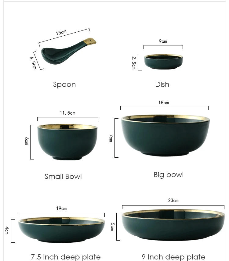 Description Picture 4 of itemGreen Ceramic Gold Inlay Plate Steak Food Plate Nordic Style Tableware Bowl Ins Dinner Dish High End Porcelain Dinnerware Set