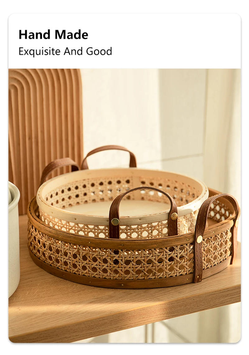 Description Picture 5 of itemNordic Retro Handmade Rattan Storage Tray Leather Handle Fruit Bread Sundries Family Desktop Decoration Round Small Basket