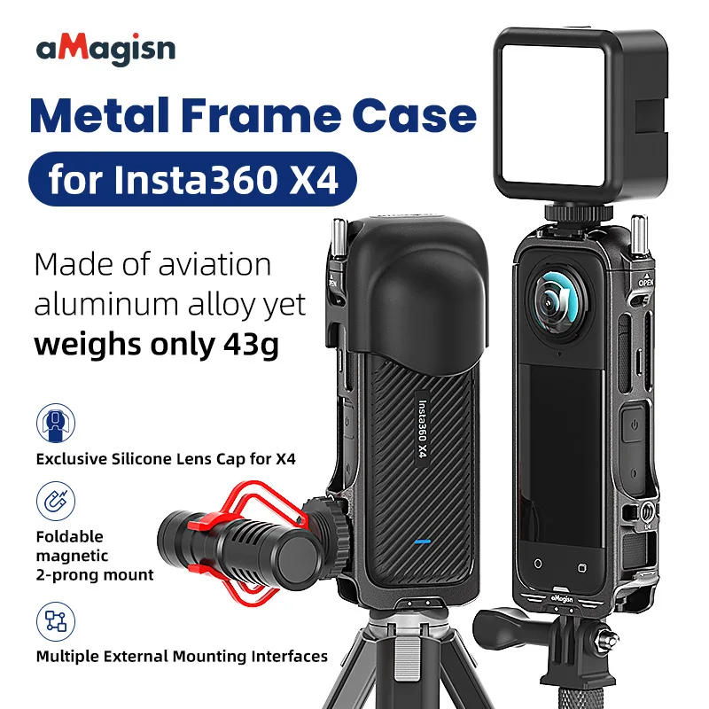 Description Picture 4 of itemaMagisn for Insta360 X4 Aluminum Metal Frame Case with Protective Silicone Lens Cap cover protector Insta360X4 2-prong mount