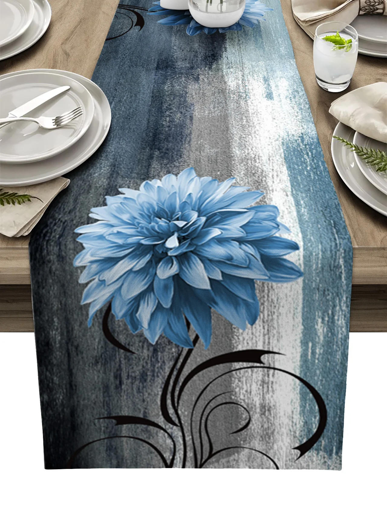 Description Picture 2 of itemDahlia Oil Painting Blue Table Runner Decoration Home Decor Dinner Table Decoration Table Decor